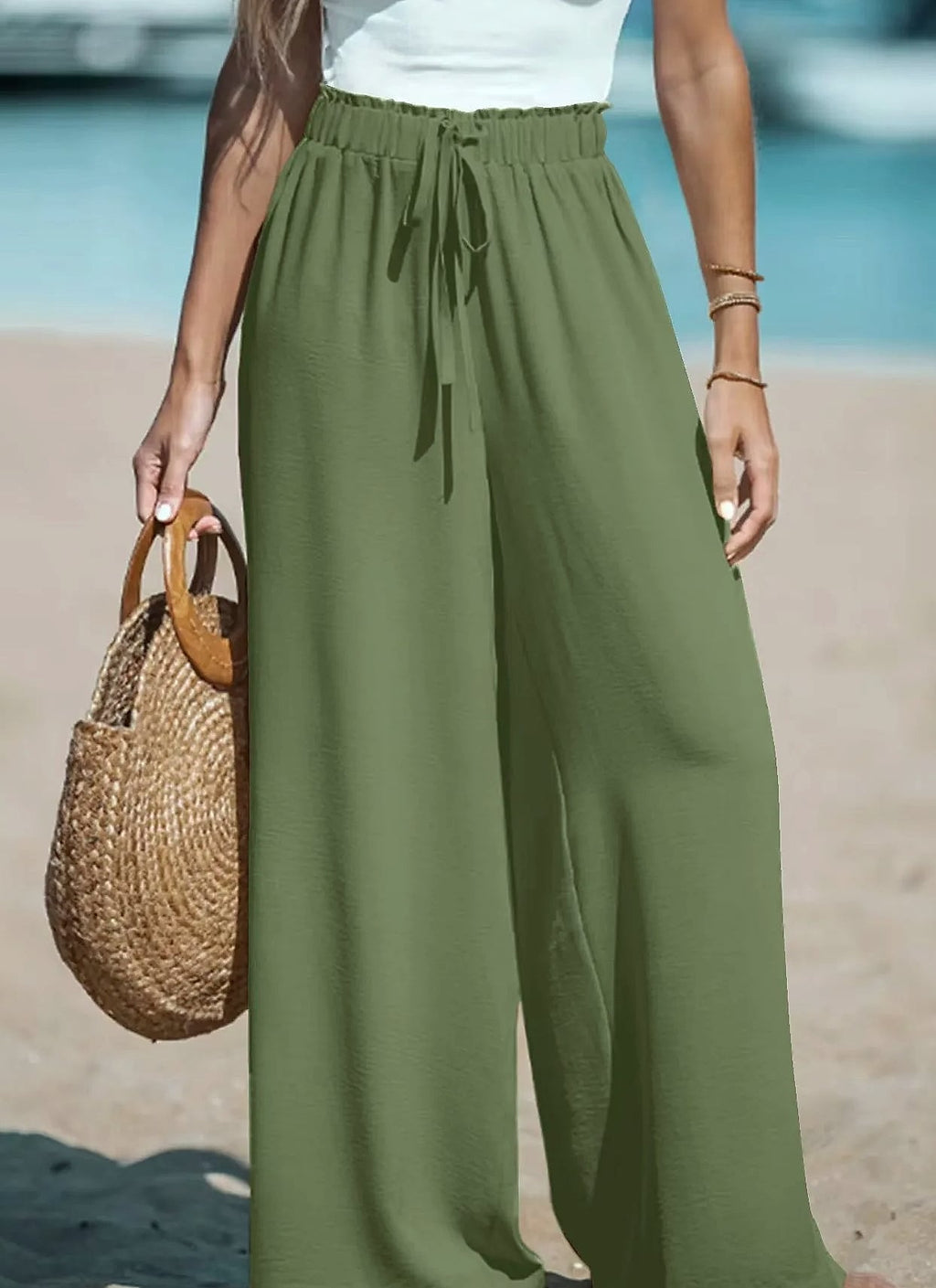 Cotton Linen Wide Leg Pants Women High Waist Drawstring
