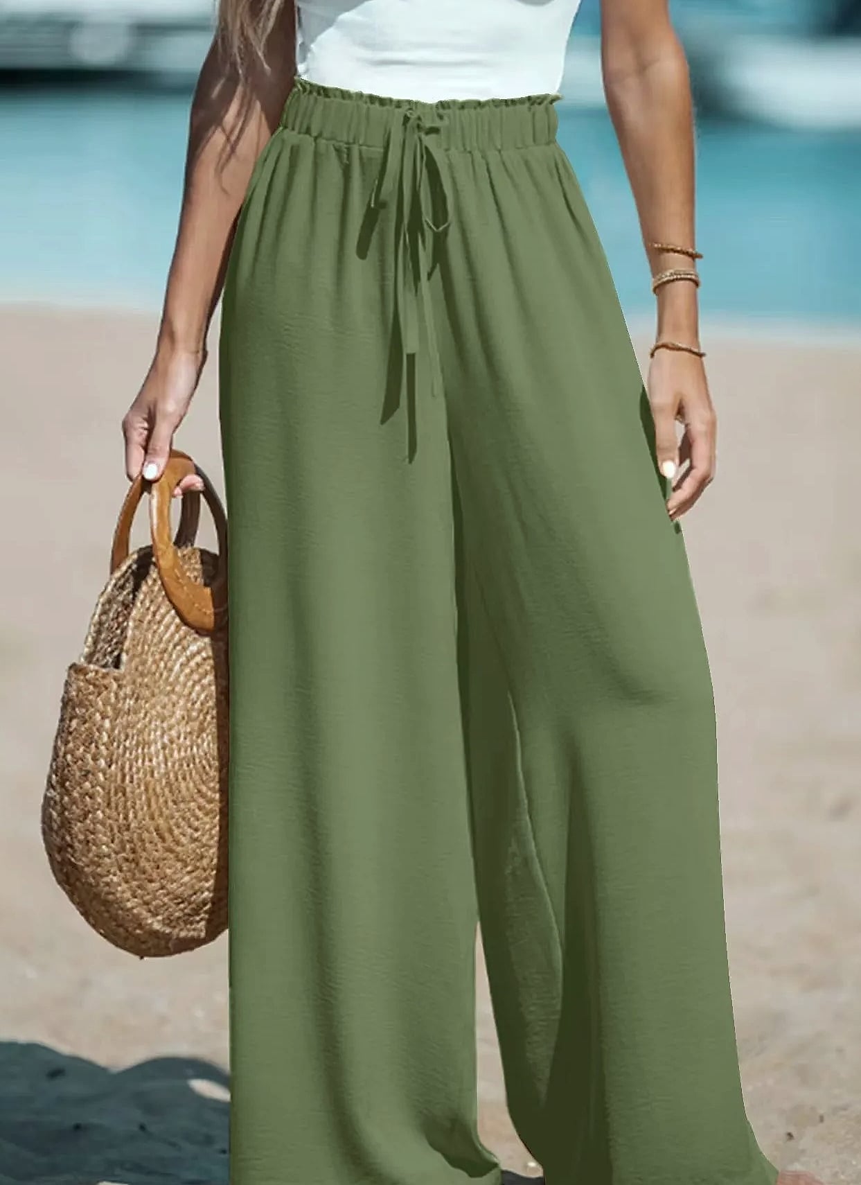 Cotton Linen Wide Leg Pants Women High Waist Drawstring