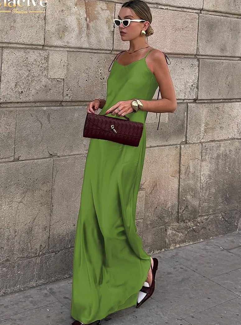 Clacive Brown Satin Floor Length Backless Dress