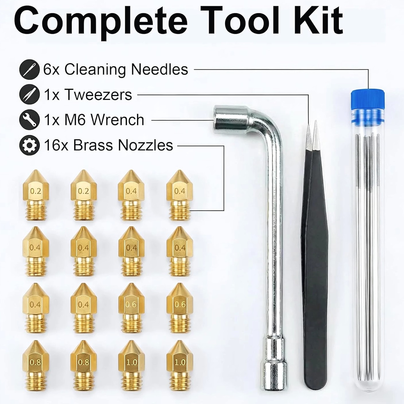 3D Printer Nozzle Kit, 16 PCS MK8 Brass Nozzles 0.2/0.4/0.6/0.8/1.0Mm with Wrench