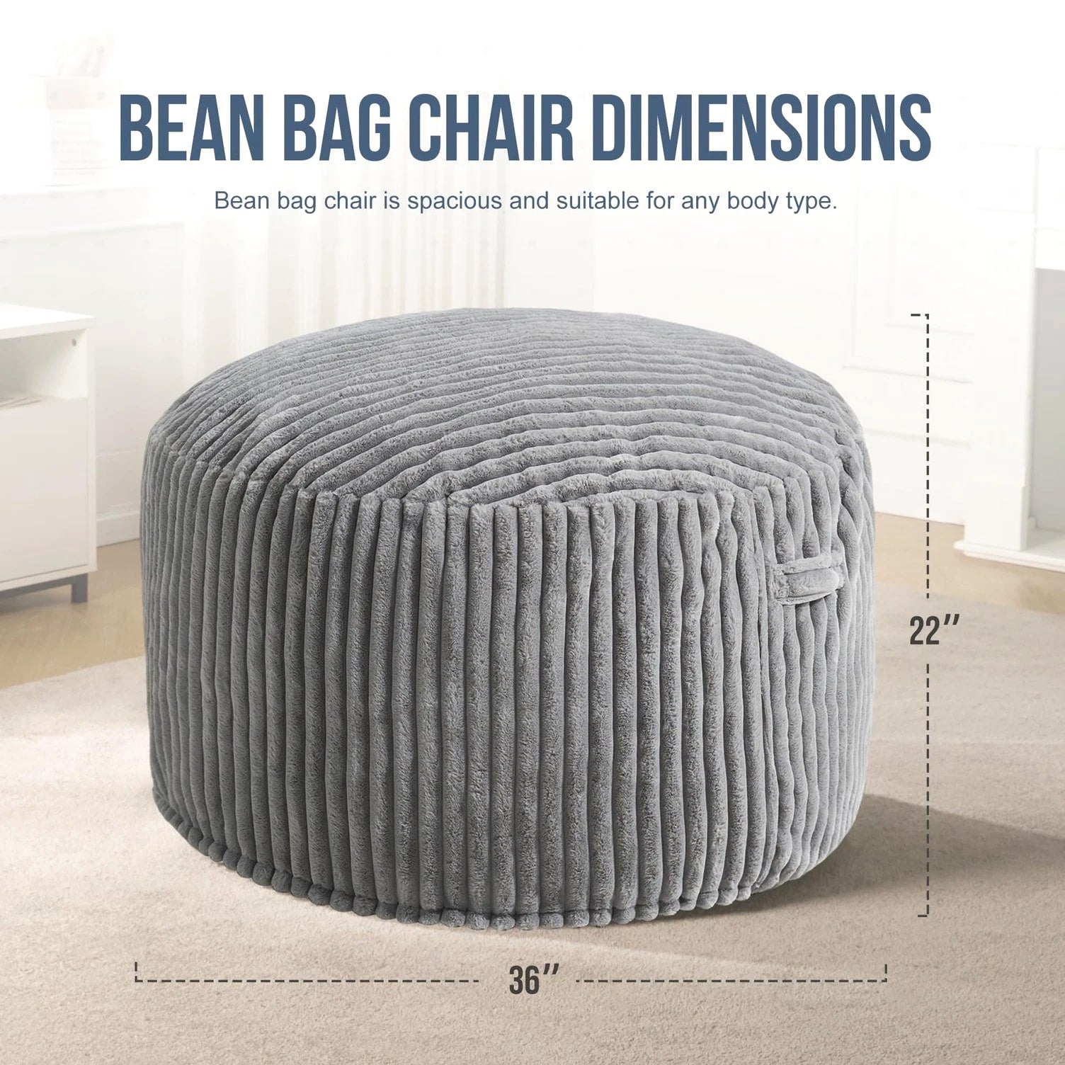 3ft Bean Bag Chairs for Adults, Large Beanbag Chair w/ Stripe Plush Cover Bi...