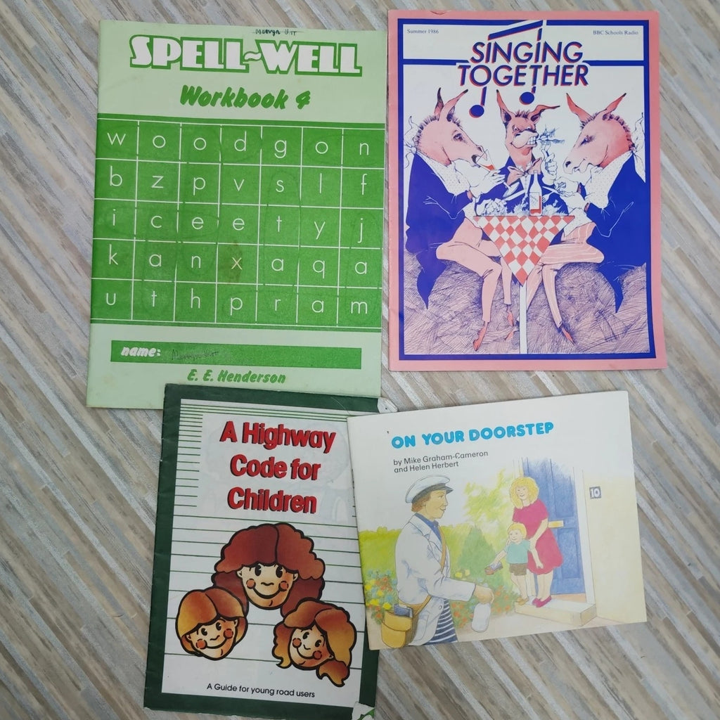 4 Pcs Vintage Textbooks Workbook Pamphlets 1980s Highway Code Spelling Singing