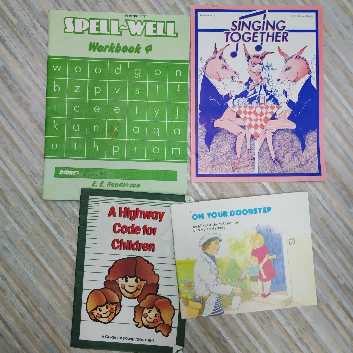 4 Pcs Vintage Textbooks Workbook Pamphlets 1980s Highway Code Spelling Singing