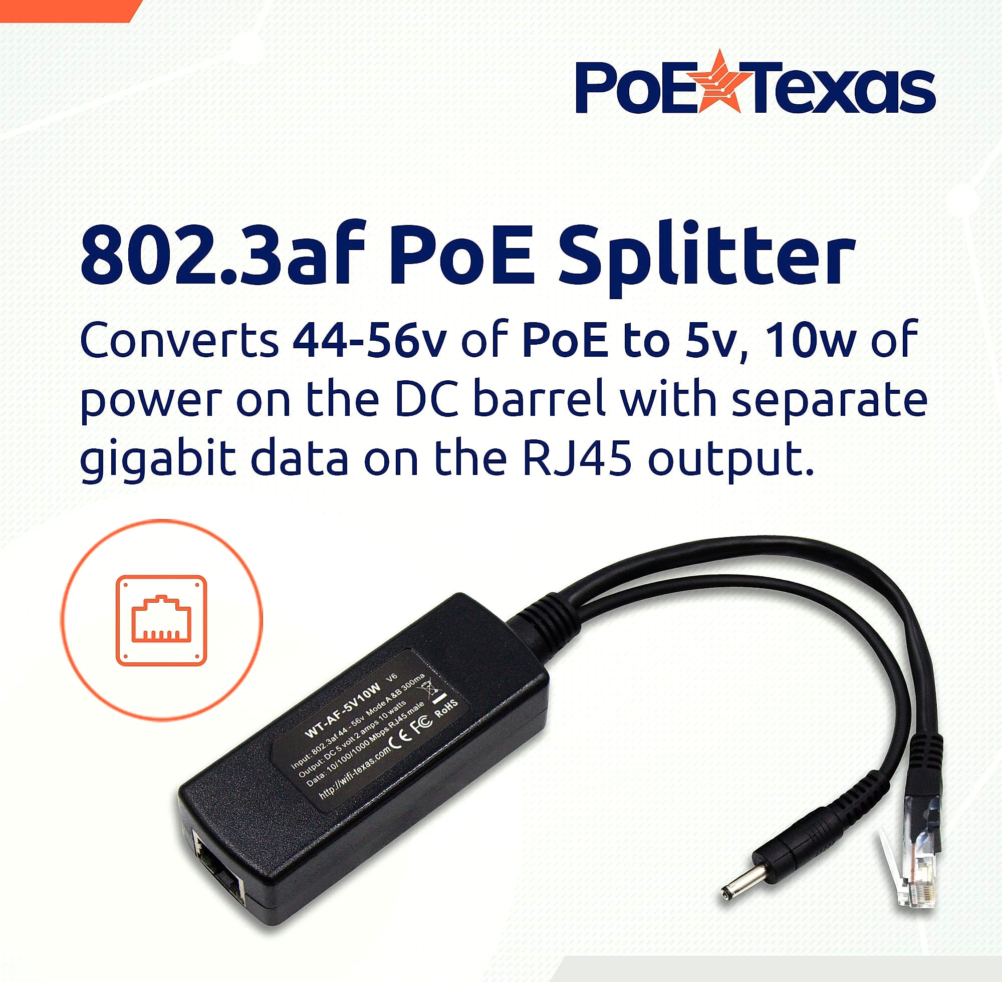 PoE Texas 802.3af Power Over Ethernet PoE Splitter with 5 Volts 10 Watts Output - for 5V Non-PoE Security Camera and Devices Like Foscam, Sonoff, Tablet, USB, Dropcam, Raspberry Pi and Others