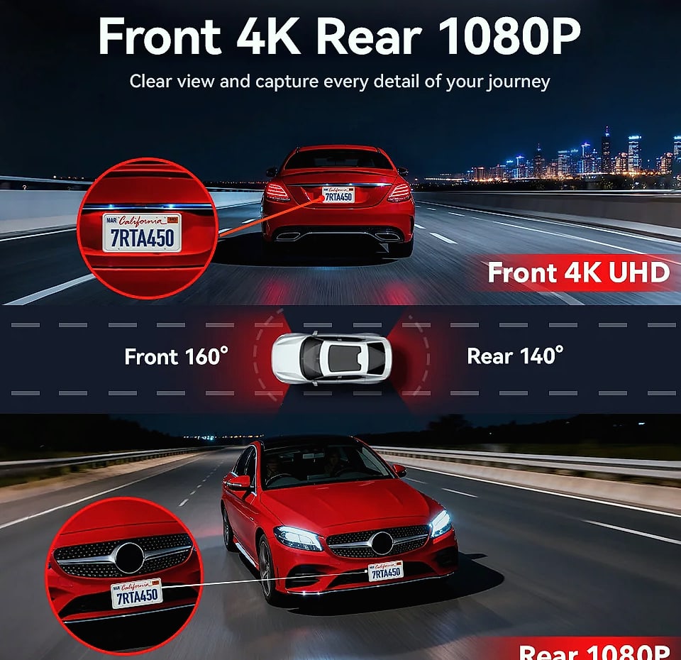 Redtiger A4 4K Dash Cam with GPS, WiFi, and Rear Camera