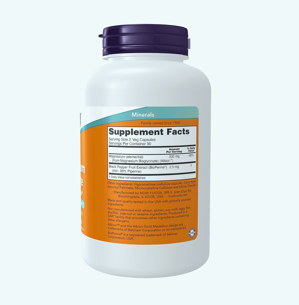 NOW Foods Magnesium Glycinate with BioPerine, 180 Veg Capsules