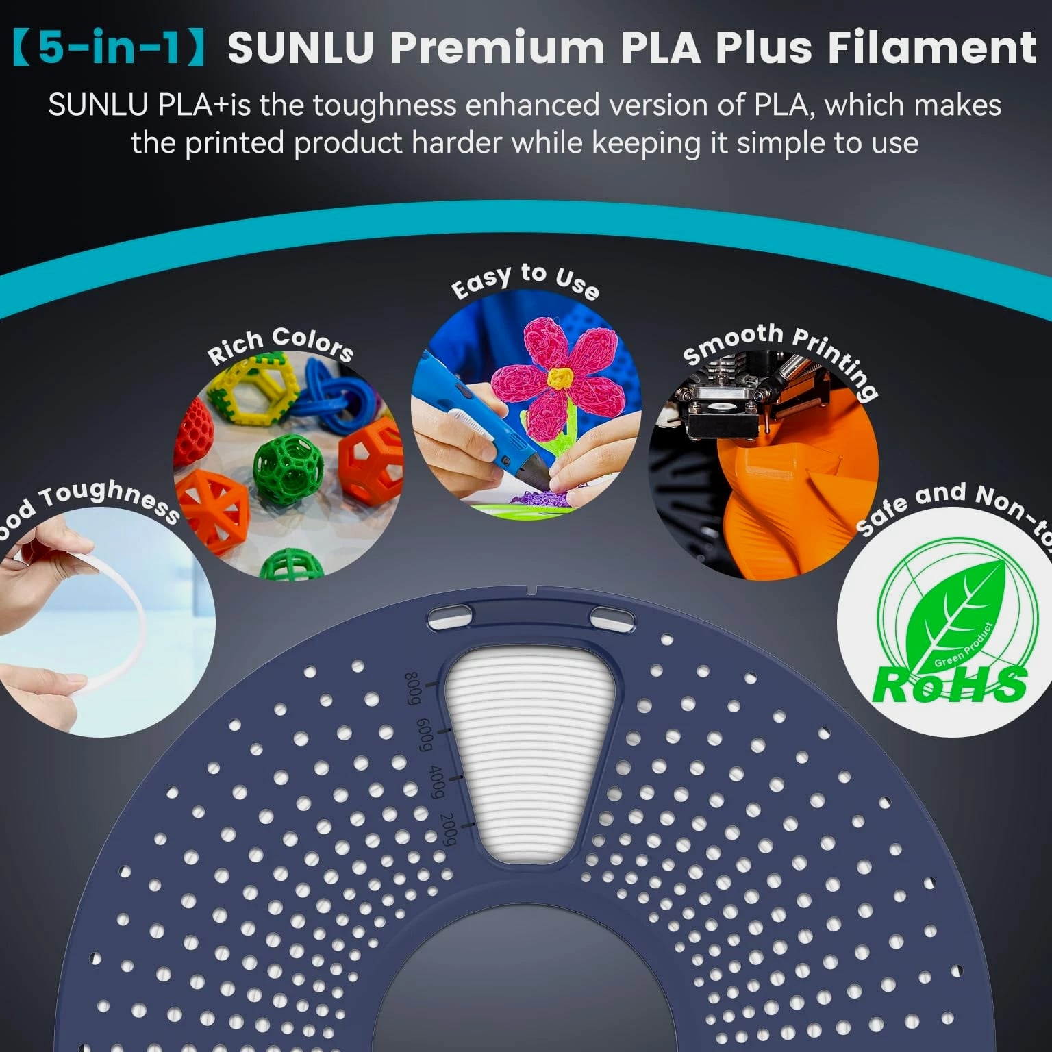 PLA Plus Filament 1.75mm Black 1KG, Neatly Wound 3D Printer Filament 1.75mm