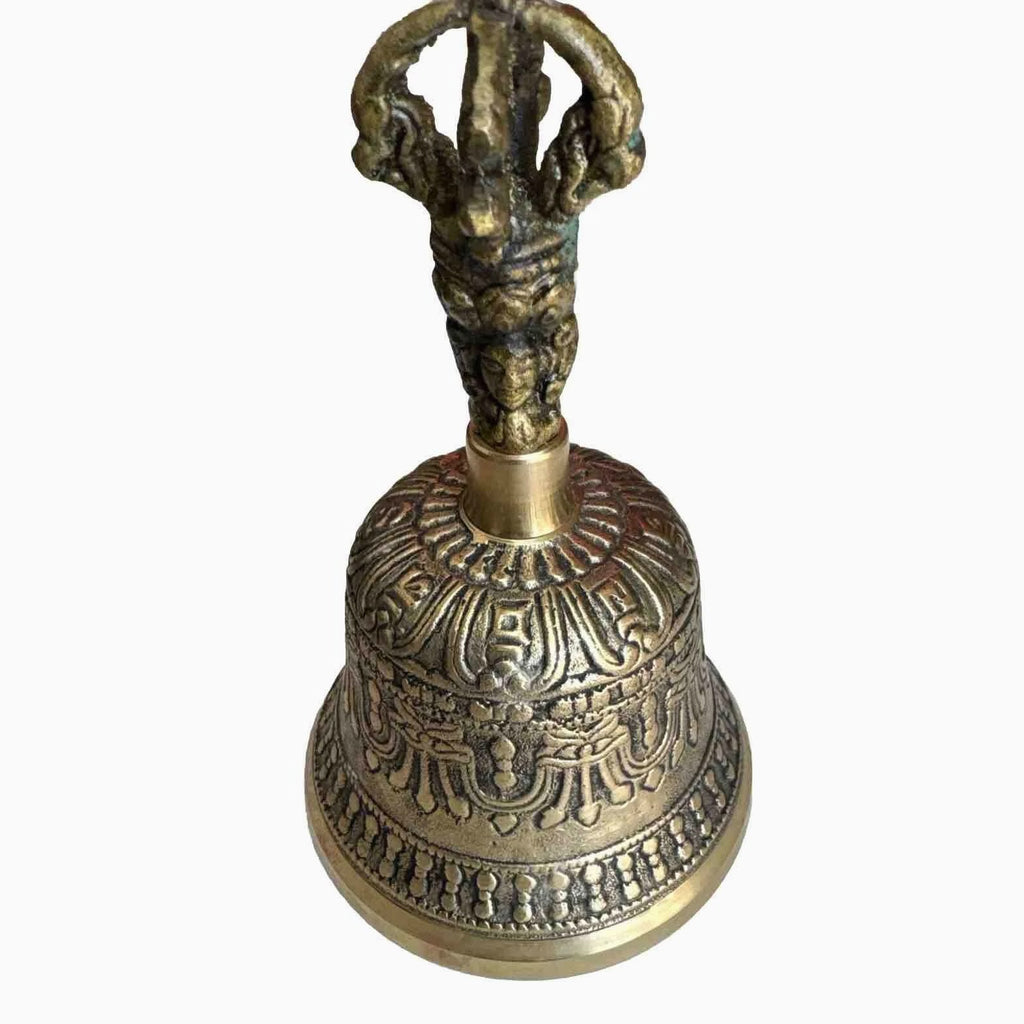 Vintage Ornate Brass Hand Bell with Buddha Face on Handle 6.25 inches