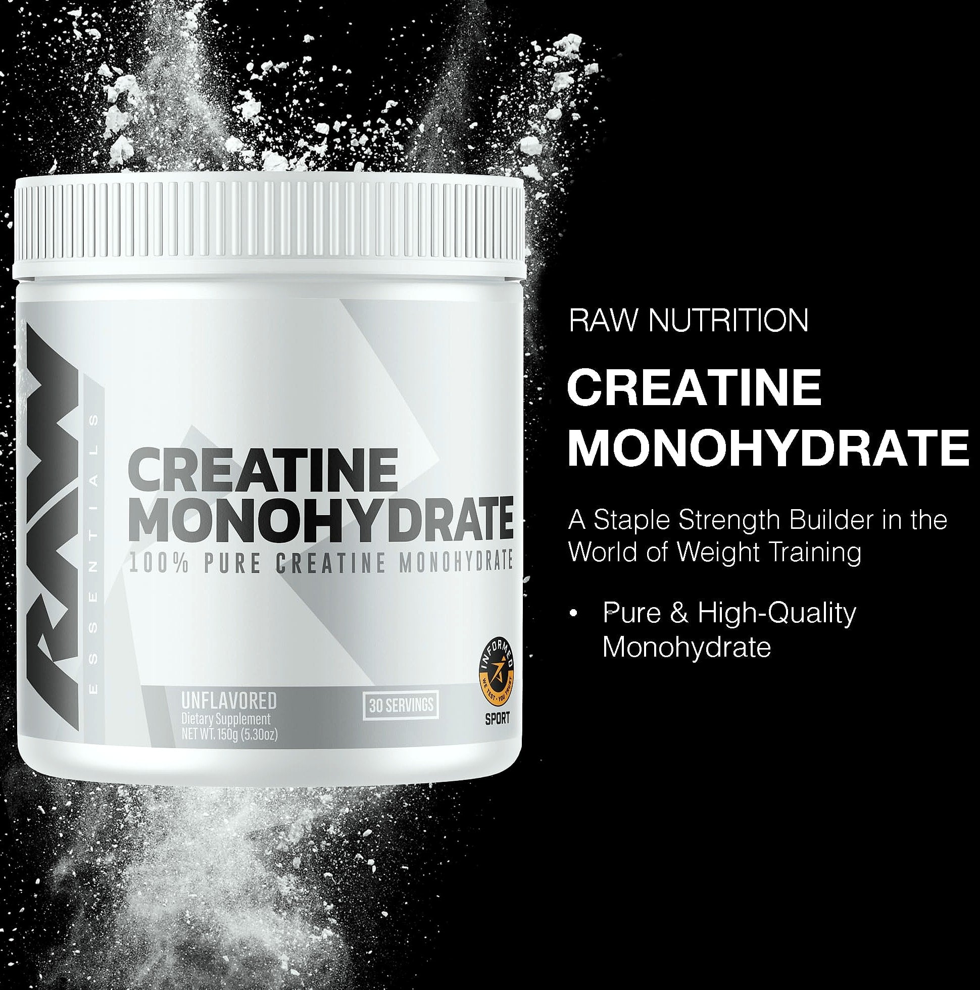 RAW Nutrition Creatine Monohydrate Powder, Unflavored 30 Servings