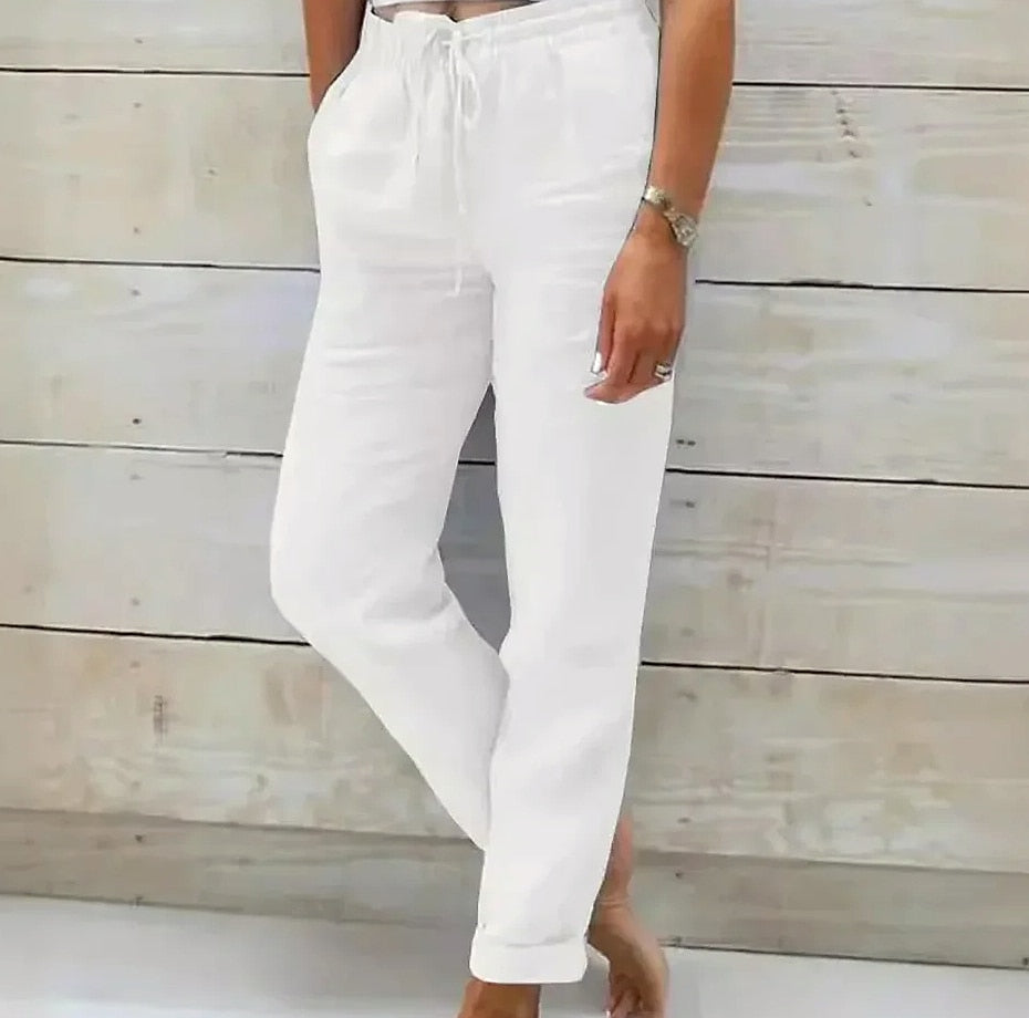 BAVFD Women's Cotton Linen Casual Pants Elastic Waist