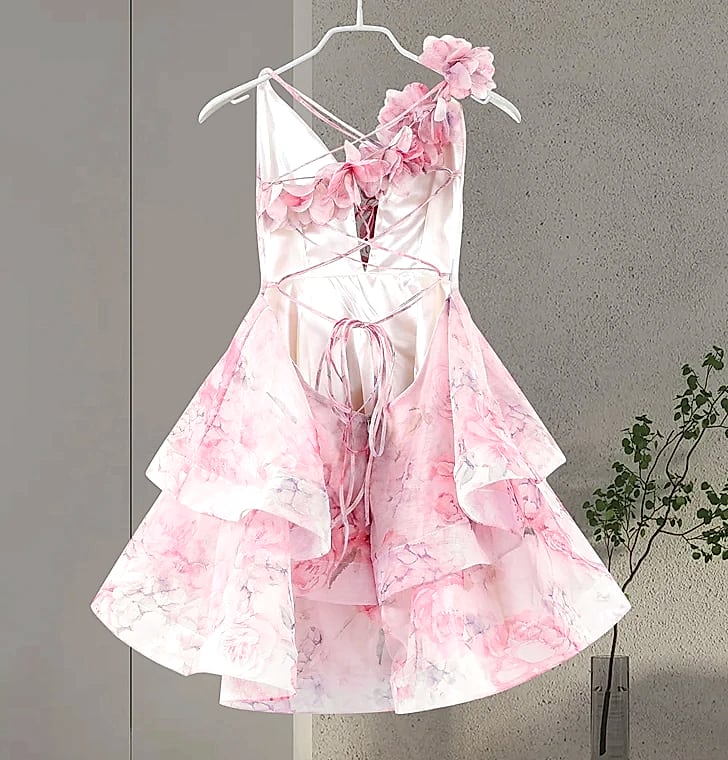 Chic Floral Printed Mini Dress Backless Sleeveless Hem Stacking Dresses Sweet A Line Vestidos 2025 New Lady Party Club Clothing