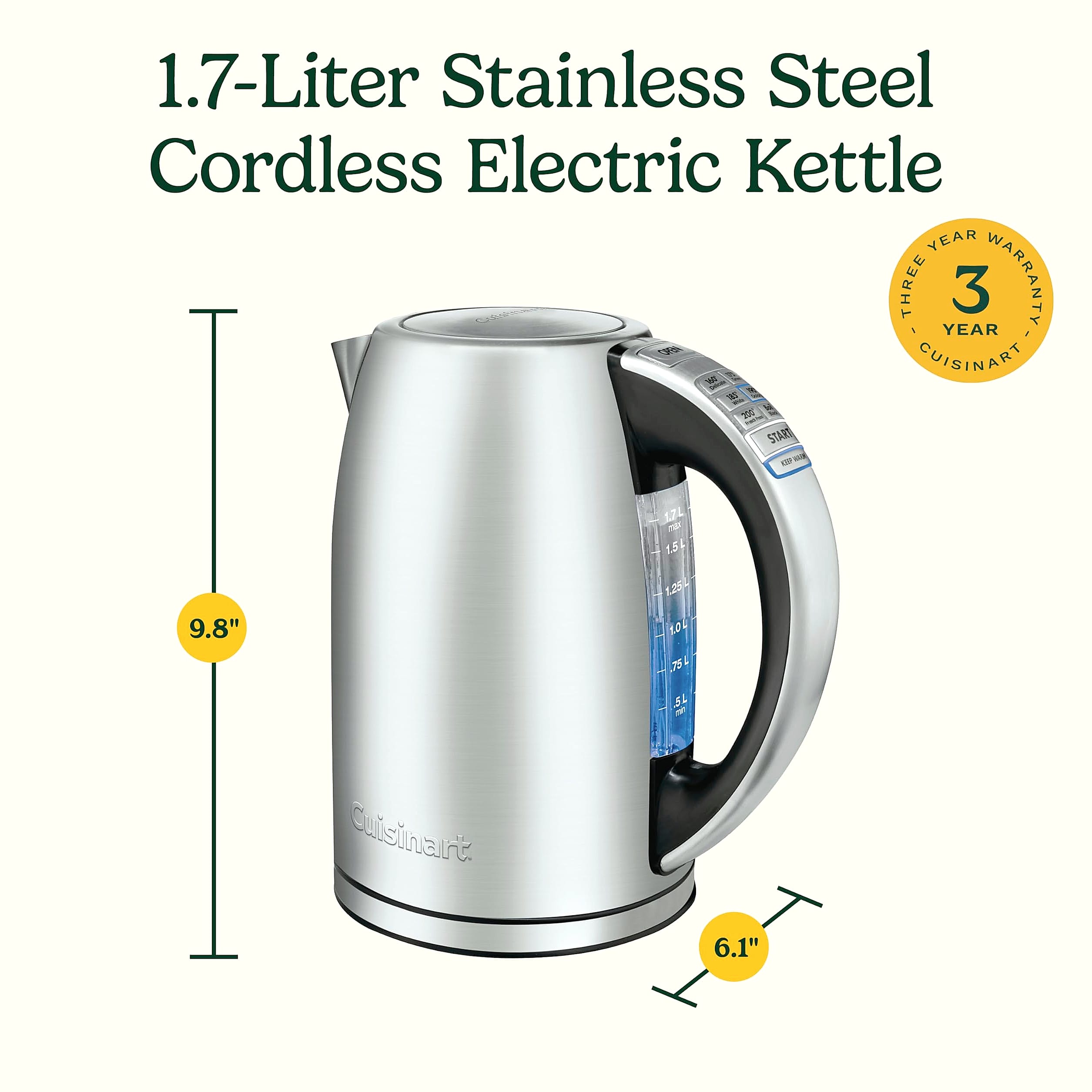 Cuisinart PerfecTemp CPK-17P1 Cordless Kettle, 1500W Electric Tea Kettle