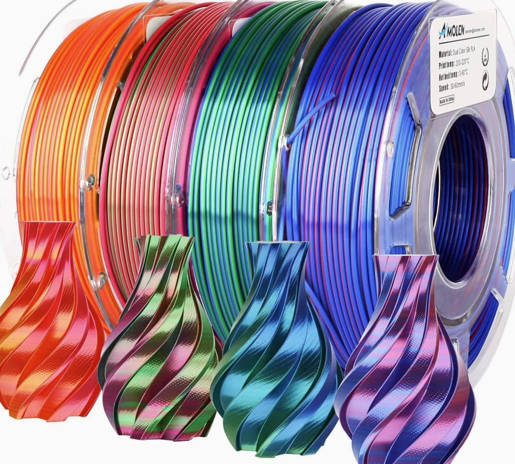 Silk PLA 3D Printer Filament Bundle – Shiny Dual Colorful Variety 4 Pack