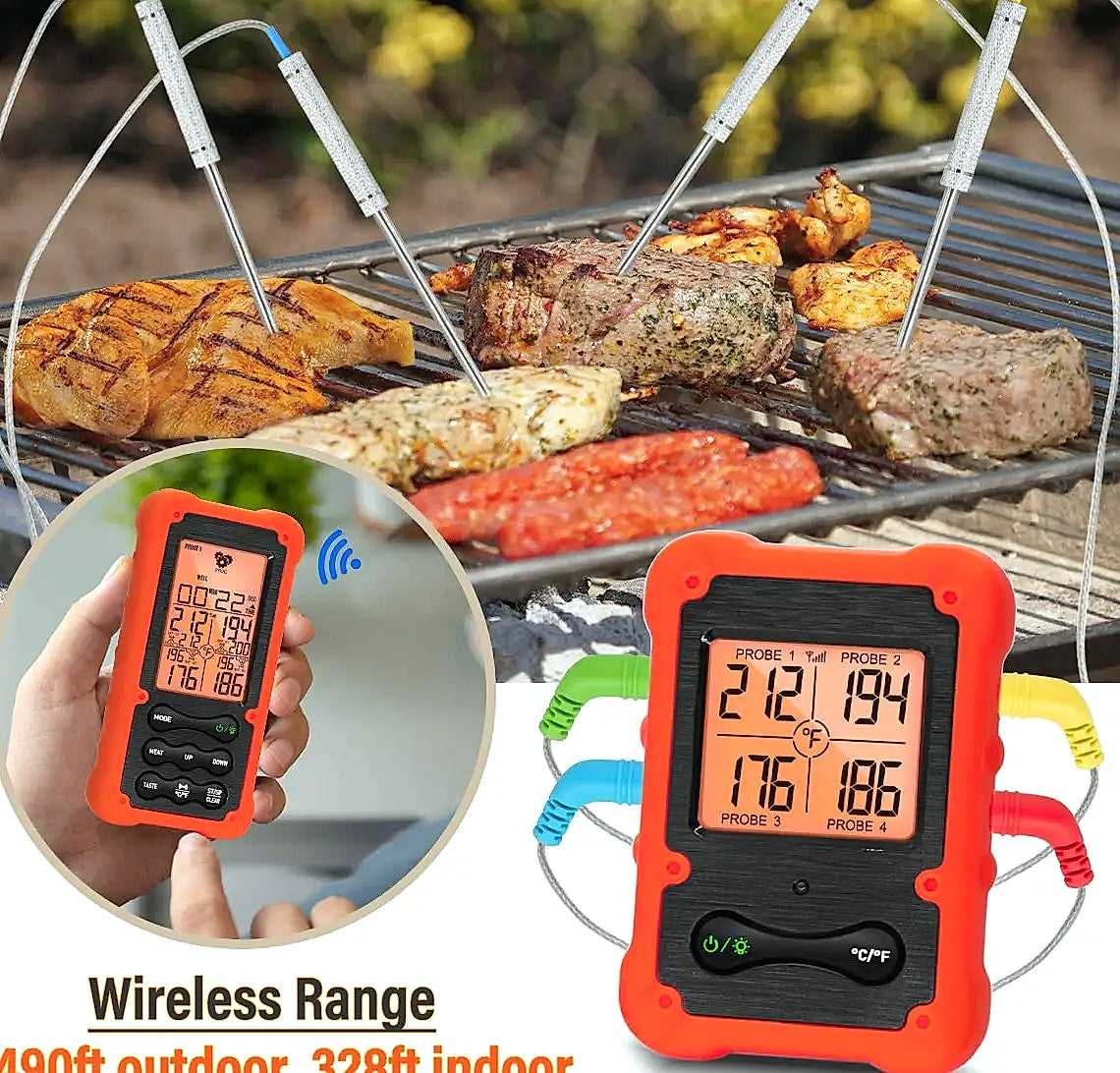 Digital Wireless Meat Thermometer with 4 Probes for Grilling