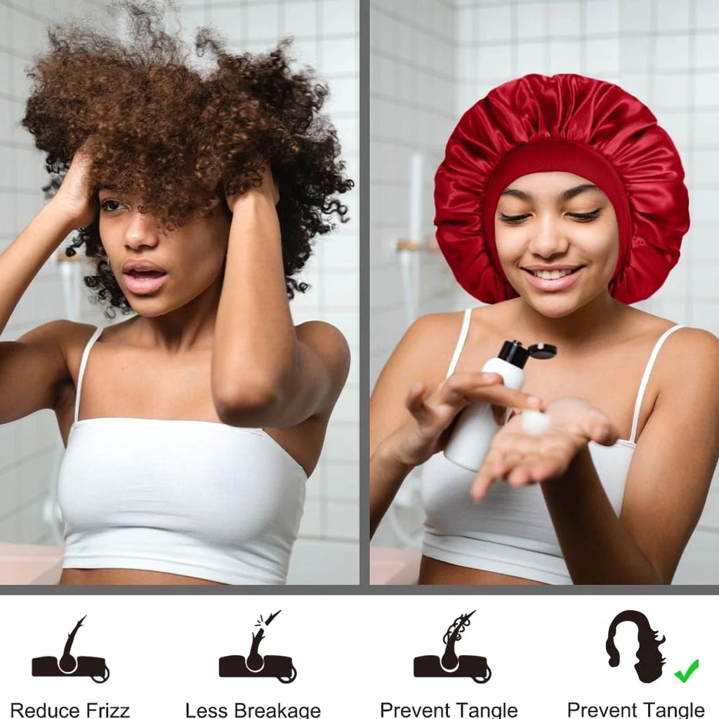 Satin Bonnet 2-Pack Silk Hair Bonnets Black Peacock Blue Pink