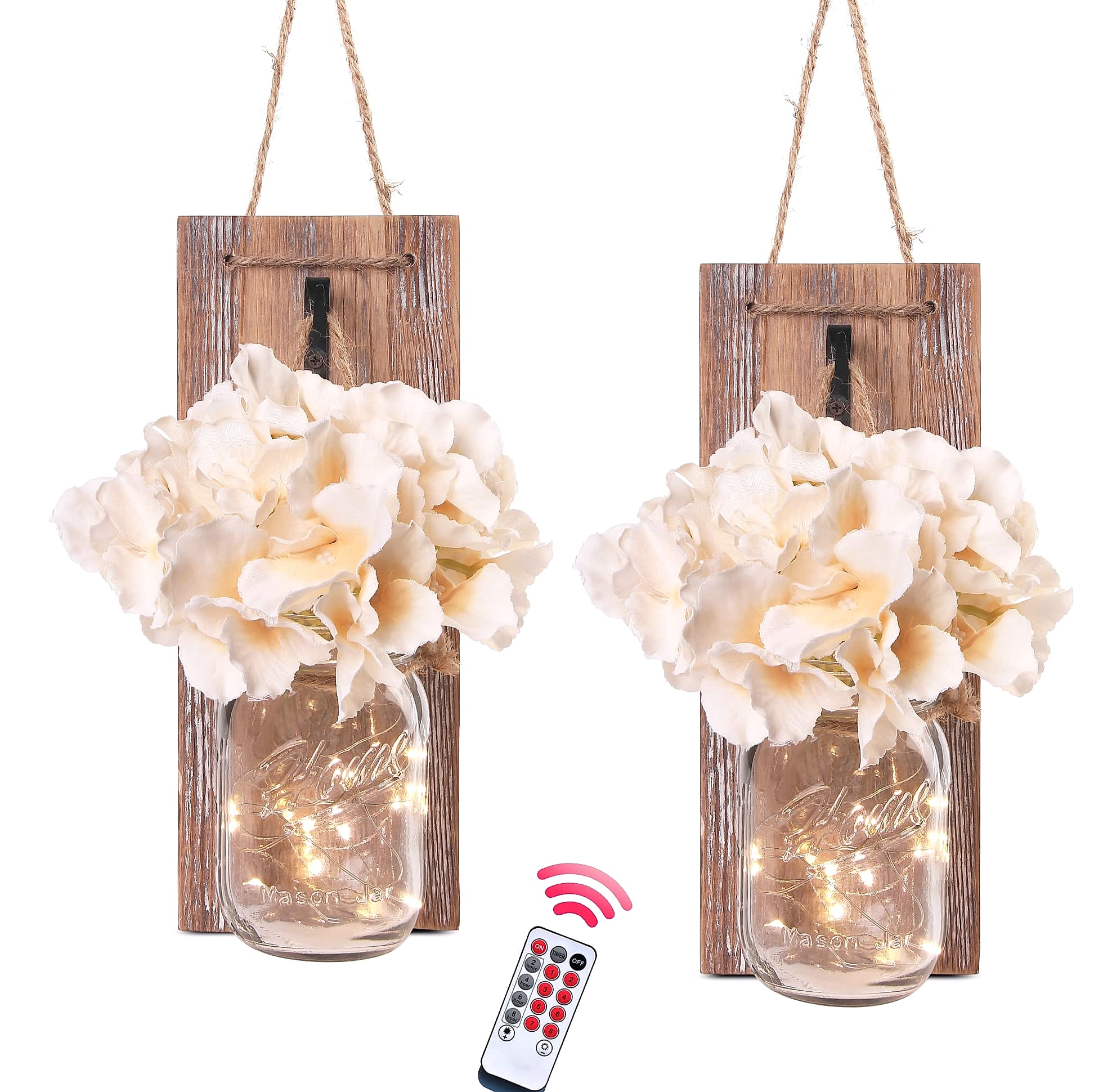 Besuerte Rustic Wooden Wall Sconce with LED String Lights, Set of 2