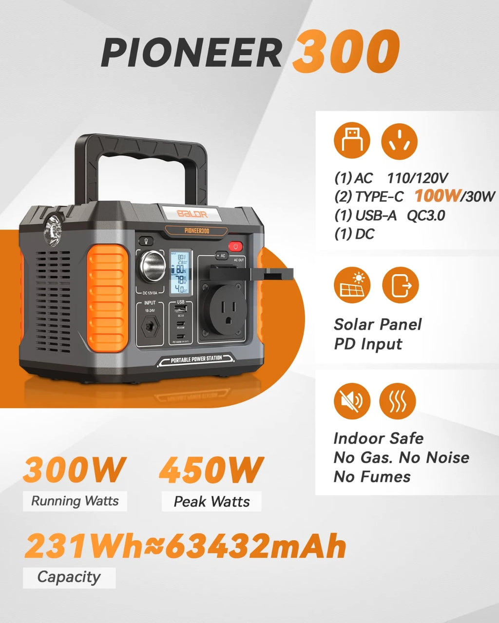 BALDR Solar generator 300W Portable Power Station with 60W solar panel included