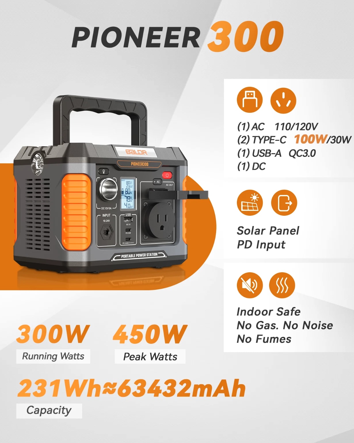 BALDR Solar generator 300W Portable Power Station with 60W solar panel included