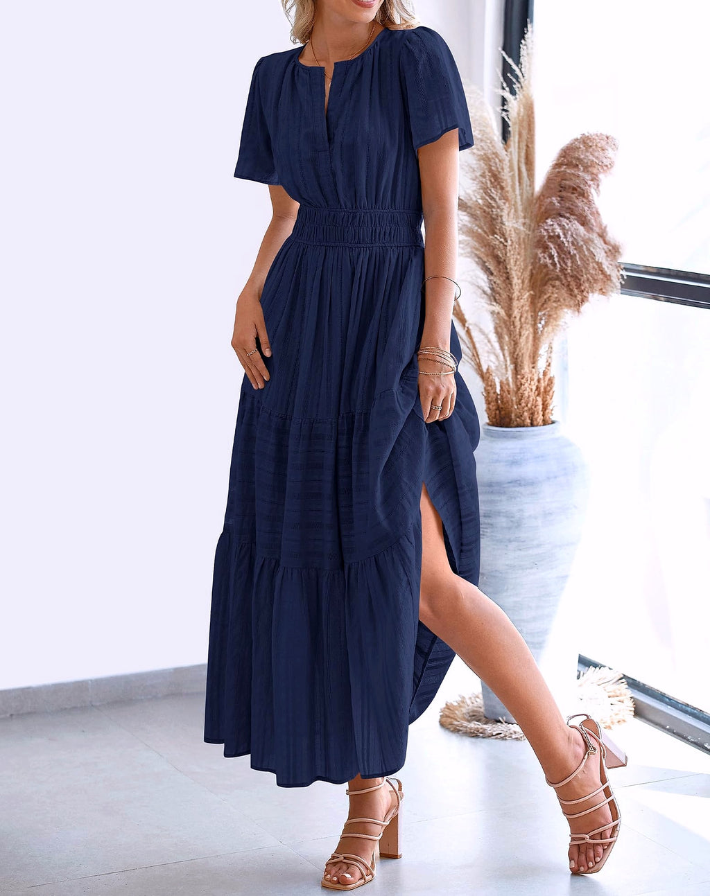 BTFBM Women's Casual Midi Maxi Dress Short Sleeve V Neck