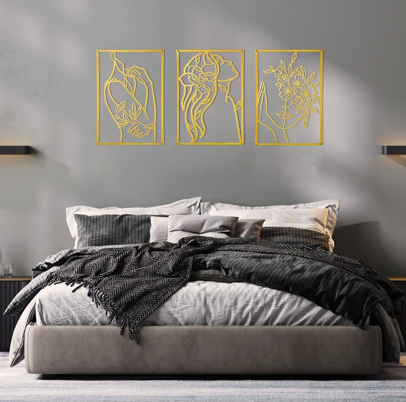 AGIOTA 3 Pcs Gold Wall Art Female Body Line Drawing Metal Decor