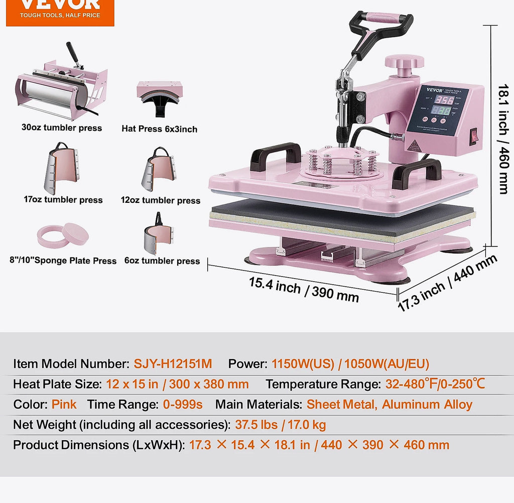 SucceBuy 12 x 15 inch Heat Press Machine with 8 Attachments for Heat Transfer