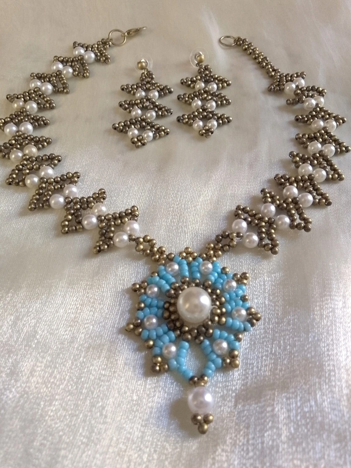 Vintage Brass Pearl Touch Class Earrings Craft Necklace Jewelry Set