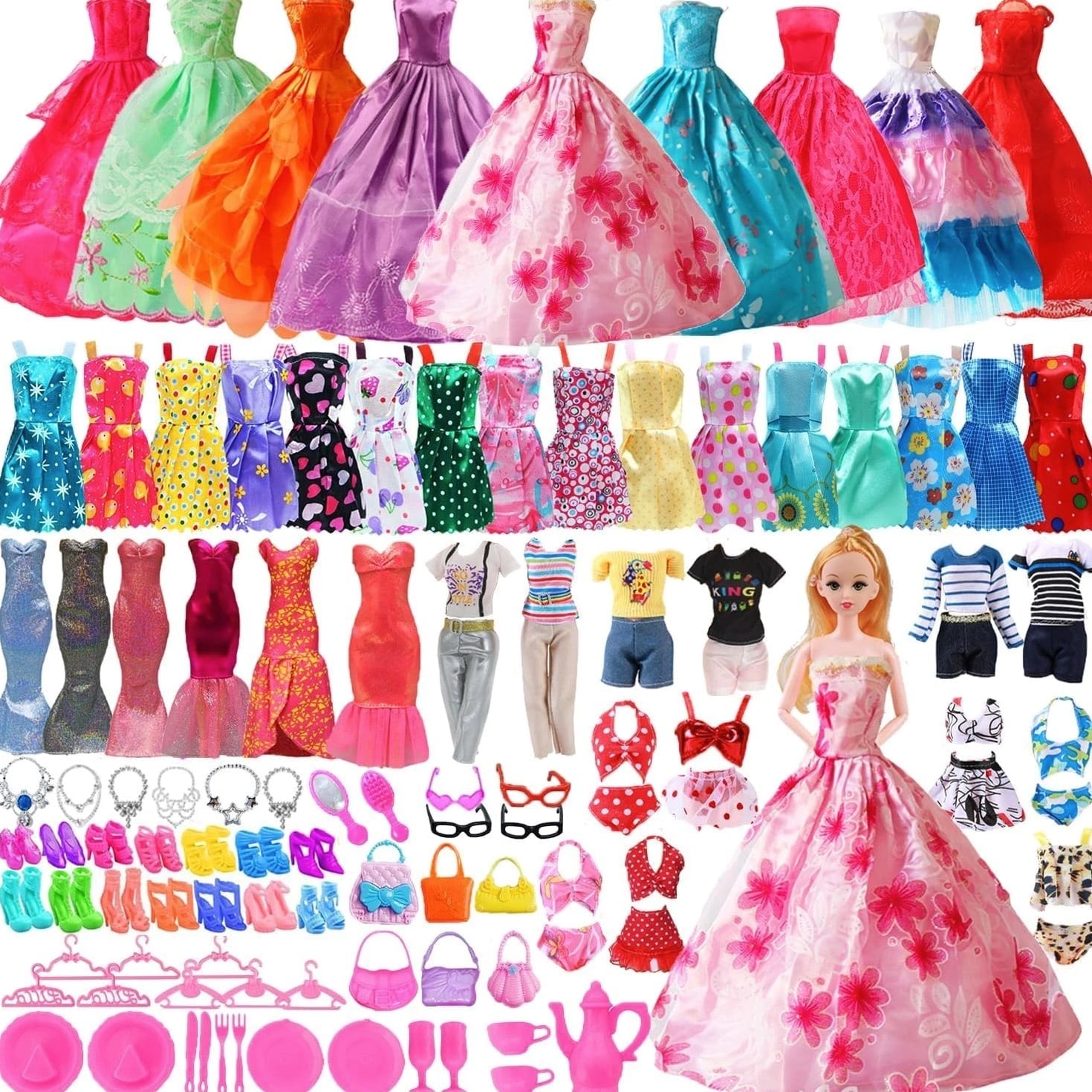 98 PCS Barbie Clothes Doll Fashion Wear Clothing Outfits Dress up Gown Shoes Lot