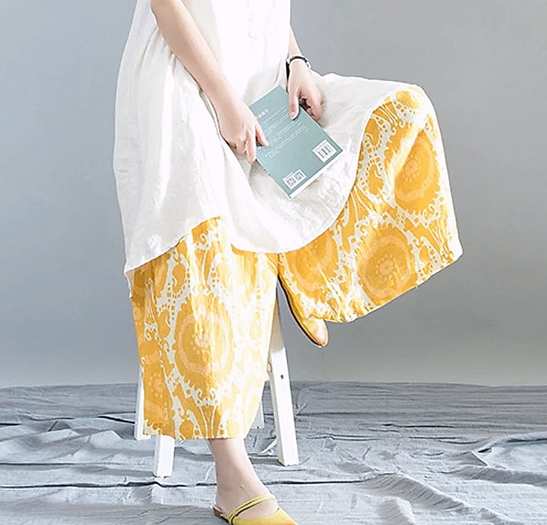 Yellow Linen Blend Wide-leg Casual Pants with Elastic Waist