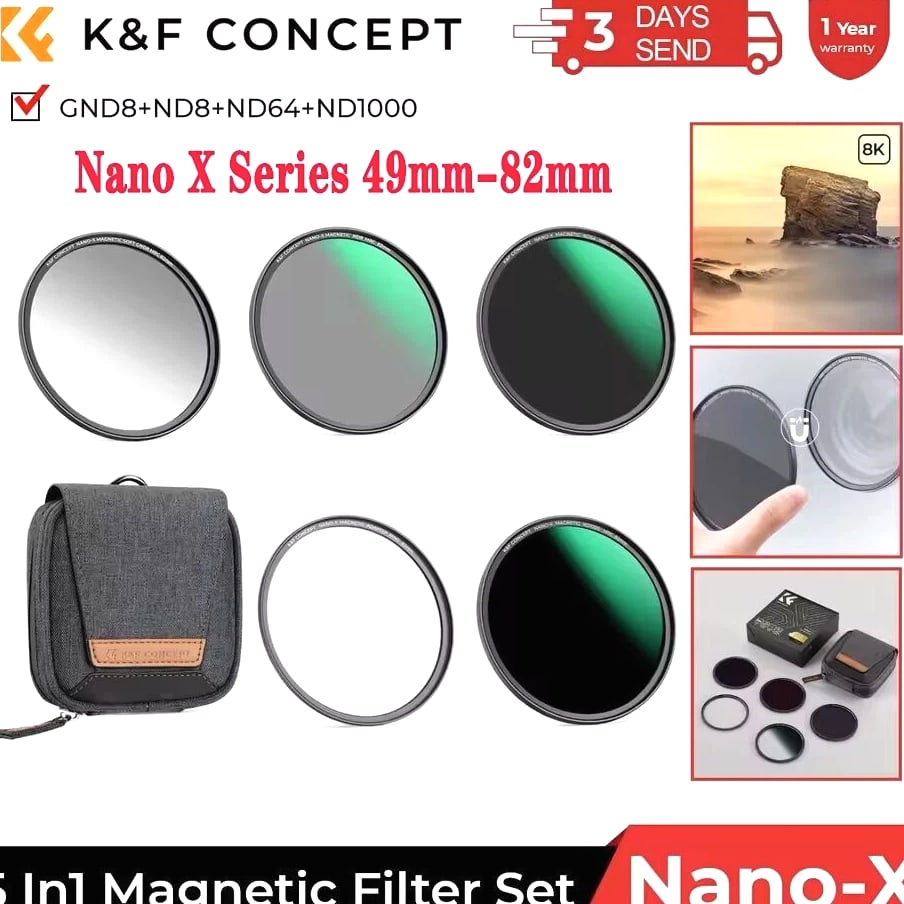 K&F Concept Magnetic Lens Filter Kit GND8+ND8+ND64+ND1000+Adapter Ring 49mm-82mm
