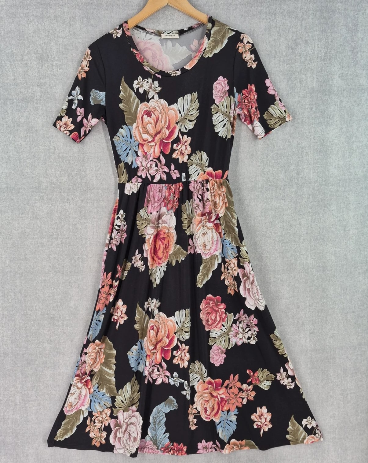 Vintage Promesa Dress Medium Romantic Black Floral Midi Fit Flare Pockets Boho