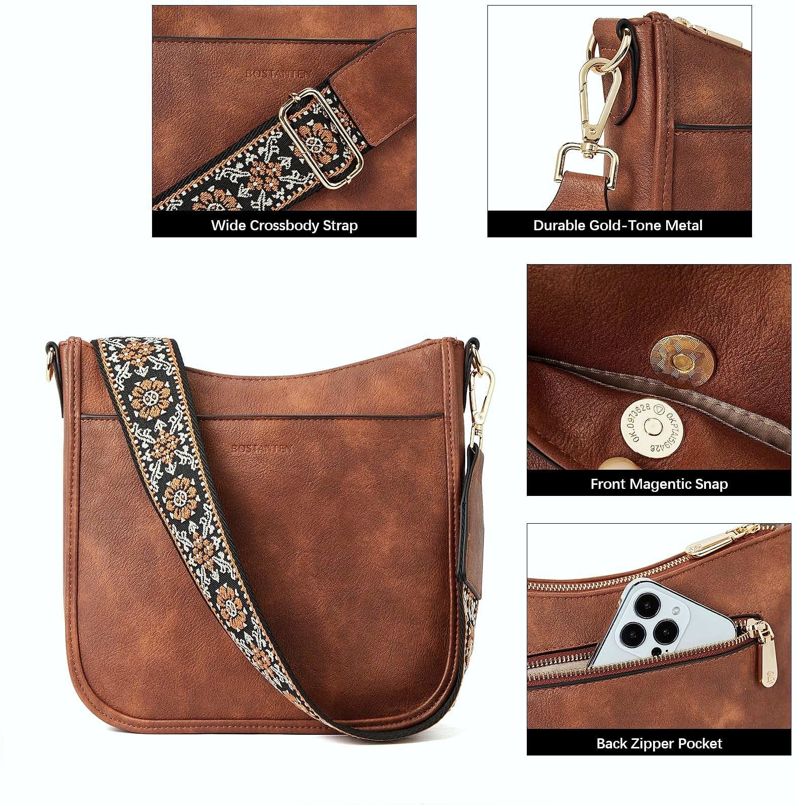 BOSTANTEN Women's Vegan Leather Crossbody Bag Hobo Shoulder Purse