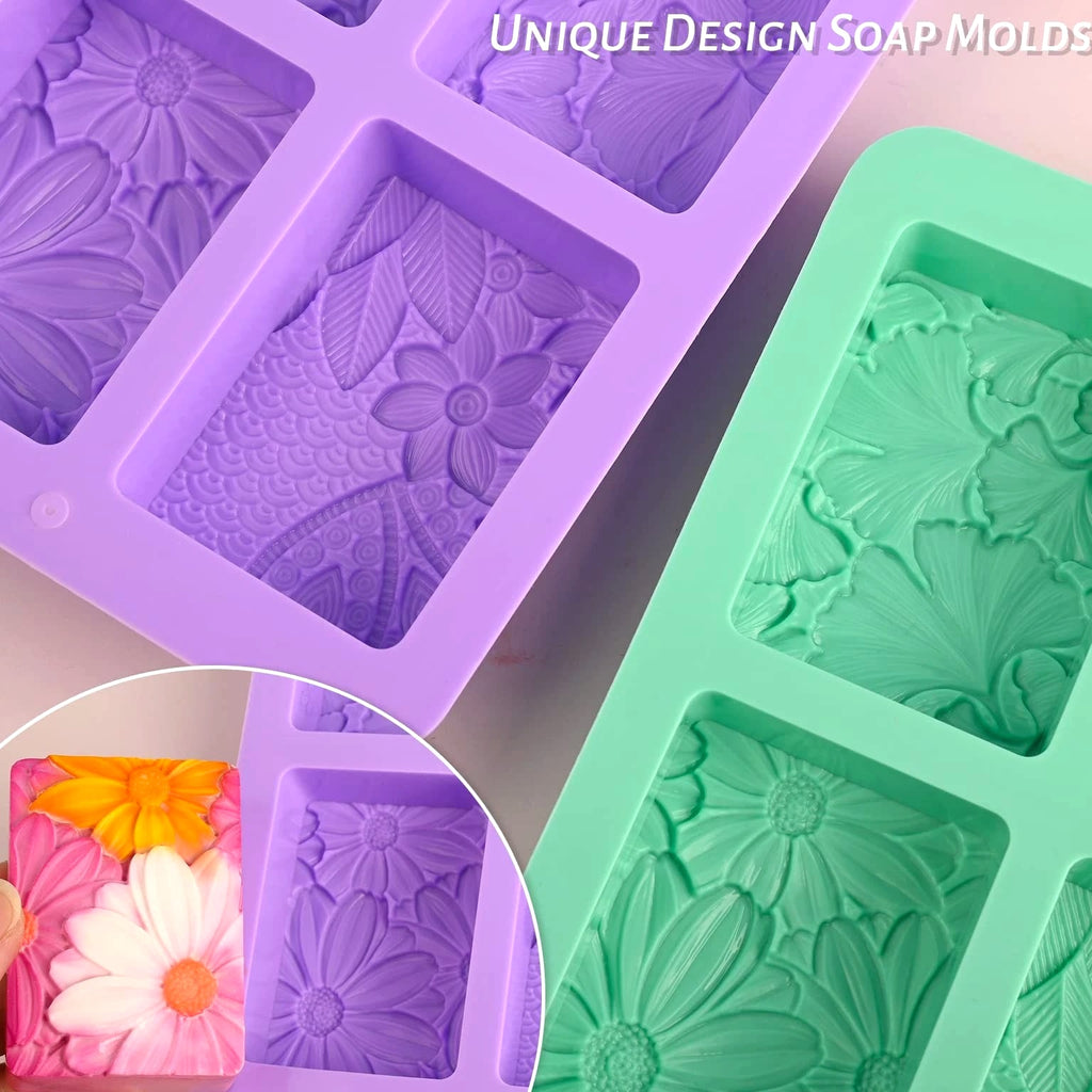 2 Pack Silicone Soap Molds, Rectangle Soap Making Mold, 3D Rectangular Flower Pattern