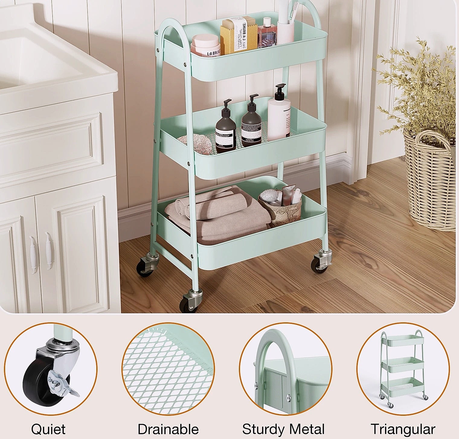 3-Tier Rolling Storage Cart Metal Kitchen Bathroom Organizer 16.9" x 12.2" x 30.9"