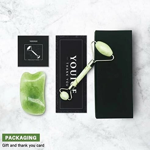 Natural Jade Roller with Gua Sha Lymphatic Drainage Tool for Face, Neck Anti-Aging