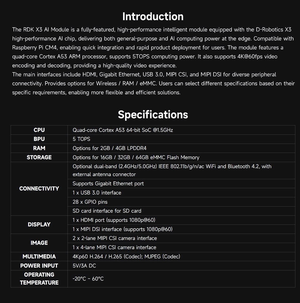 XYGStudy RDK X3 AI Module Kit for Raspberry Pi CM4