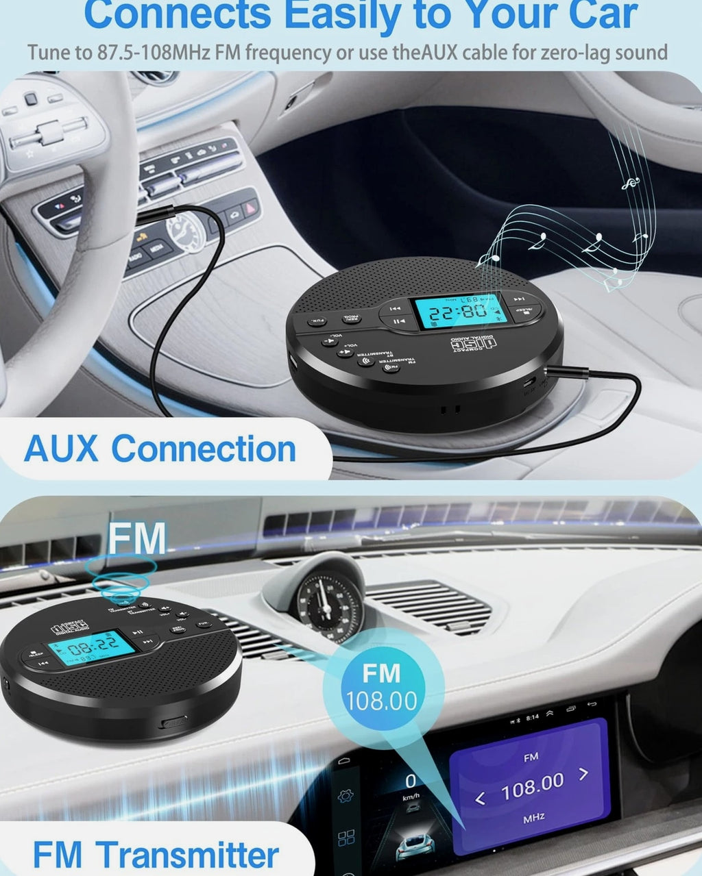 Portable CD Player with Bluetooth, Walkman CD Player with FM Transmitter and Spe