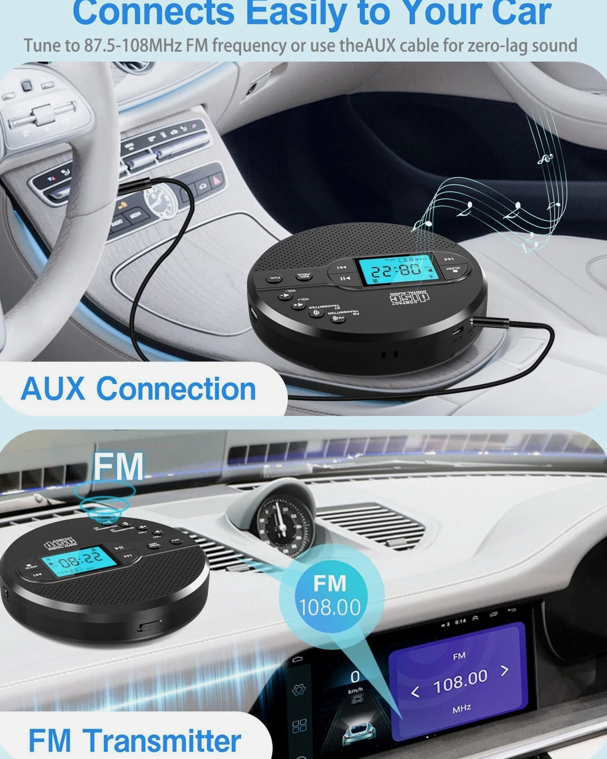 Portable CD Player with Bluetooth, Walkman CD Player with FM Transmitter and Spe