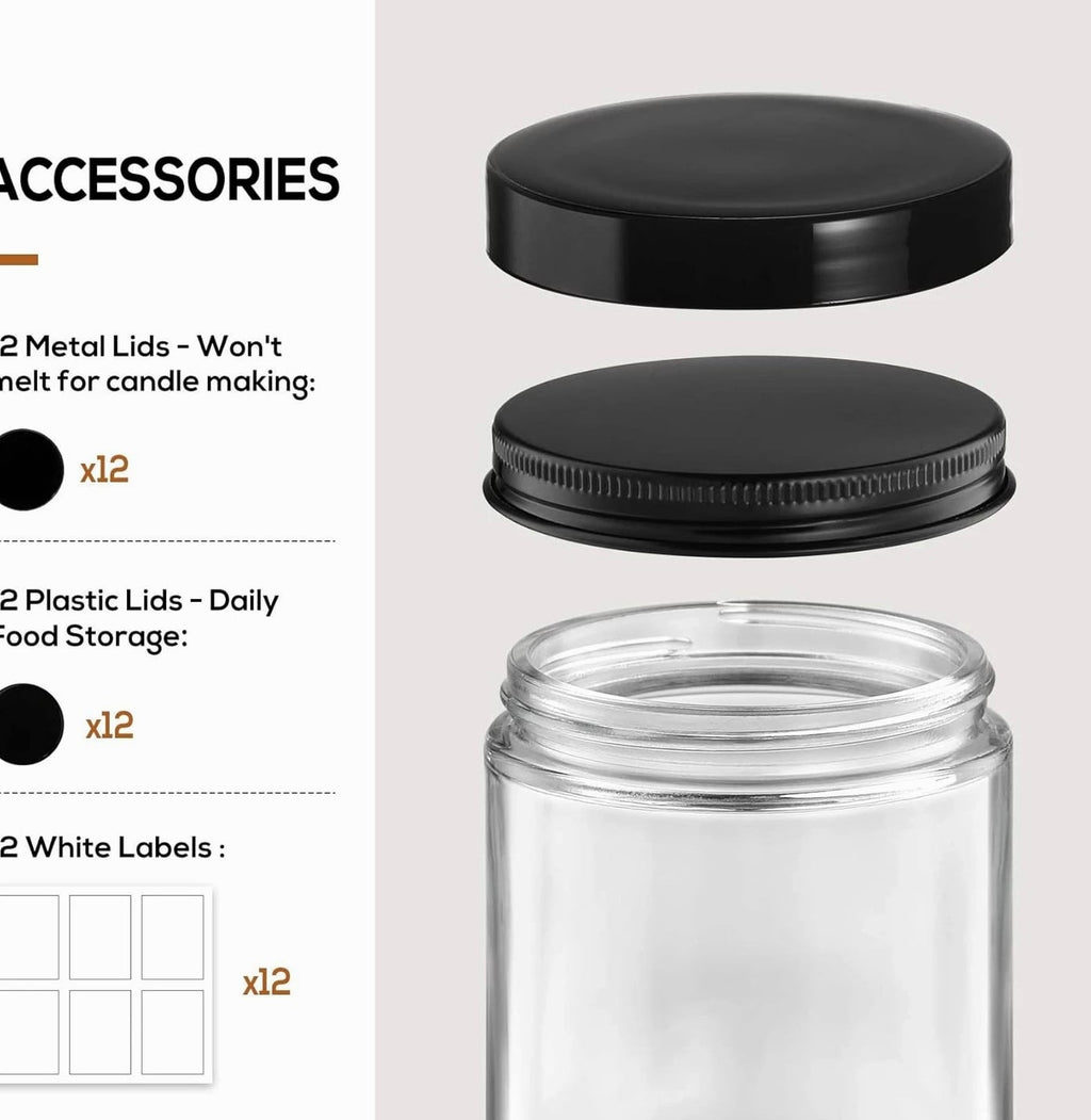 12 Pack 8 OZ Clear Candle Jars For Making Candle, Thick Glass Jars with Metal & Plastic Lids