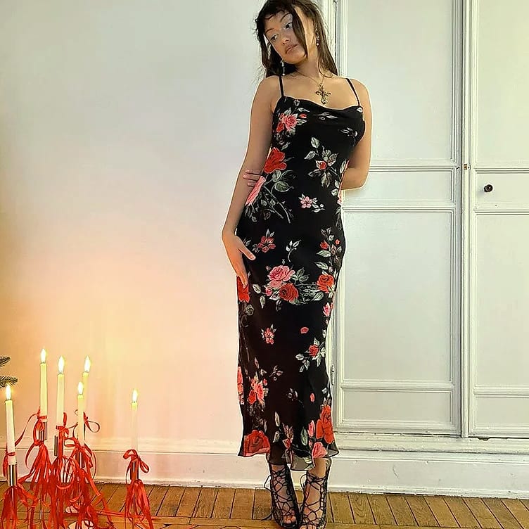 MsChuh Floral Spaghetti Strap Bodycon Maxi Dress