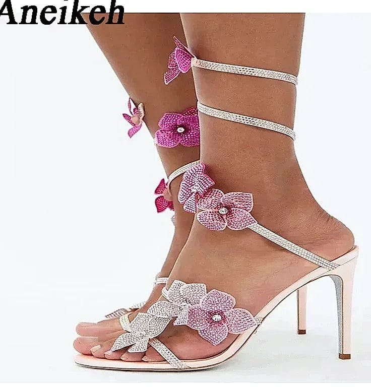 Crystal Flower Ankle Strap Sandals with Thin High Heels