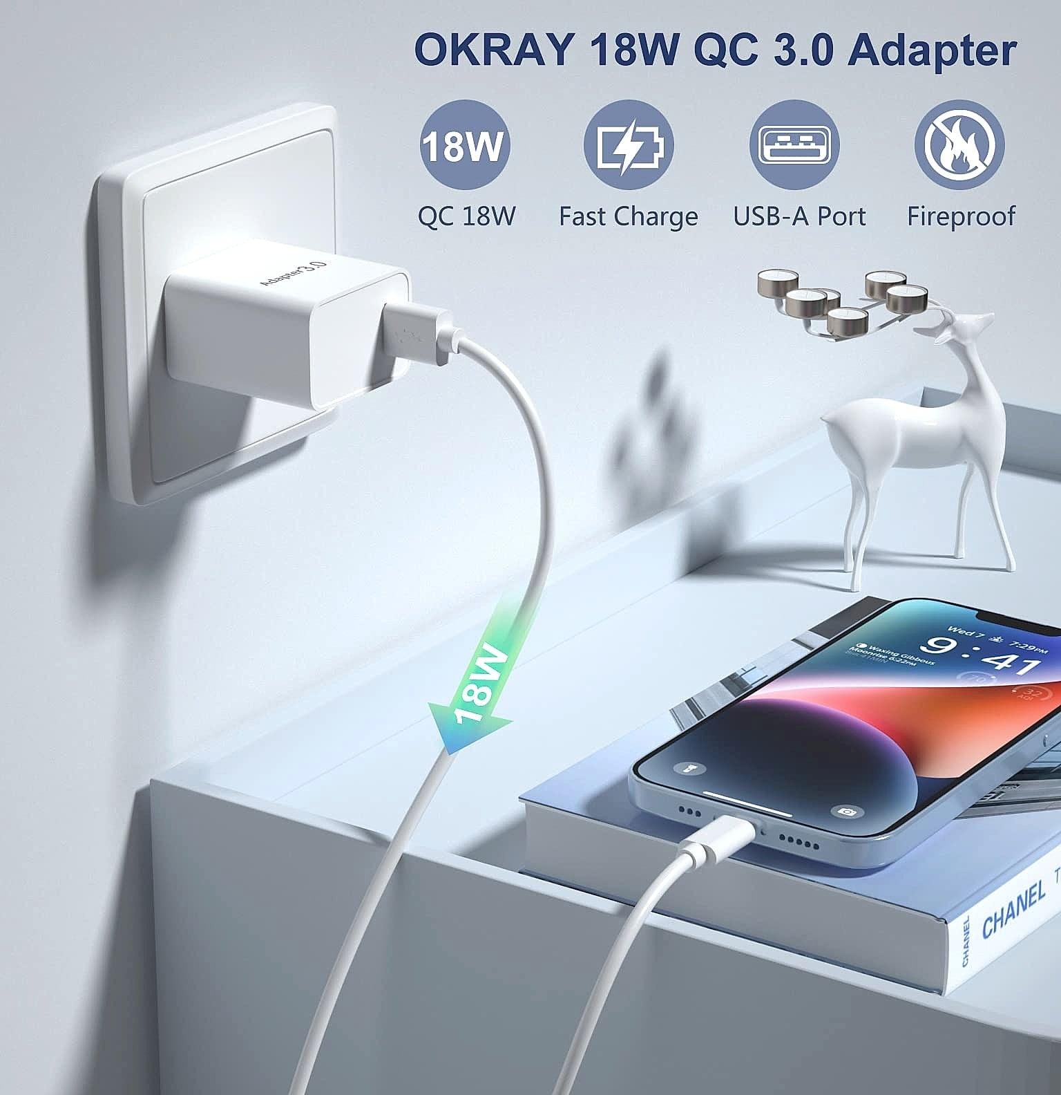 OKRAY 2-Pack 18W USB-A Fast Charging Block Quick Charge 3.0