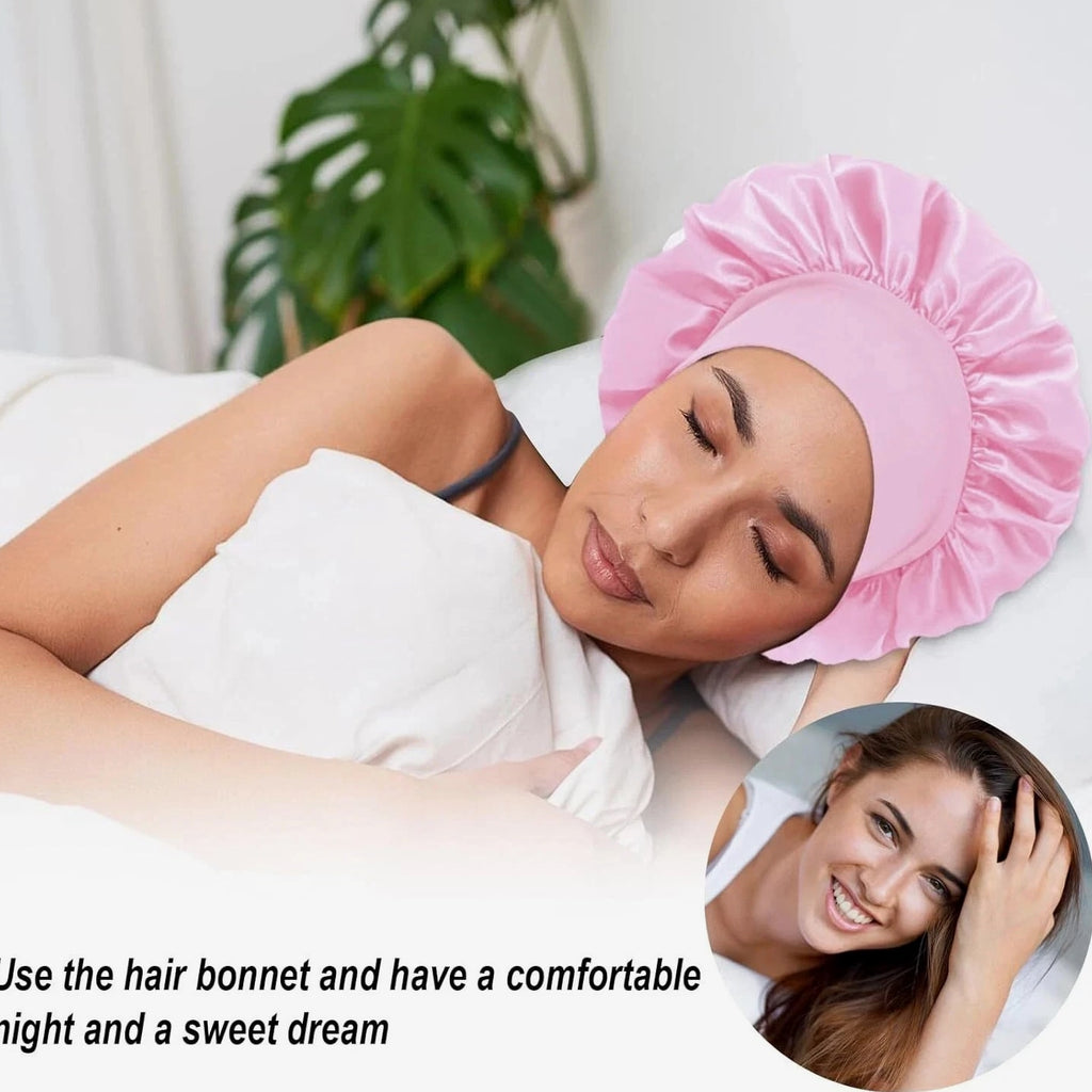 Women Satin Bonnet Night Sleep Cap, Silk Head Cover with Wide Elastic Band Hair Hat