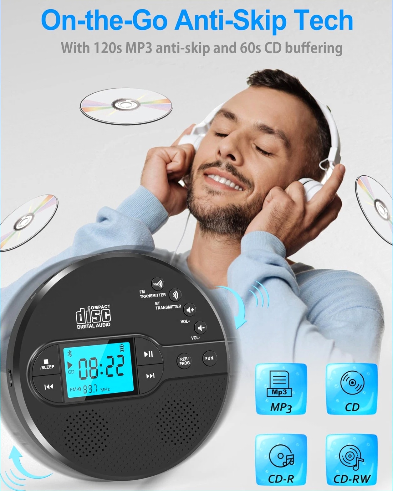 Portable CD Player with Bluetooth, Walkman CD Player with FM Transmitter and Spe