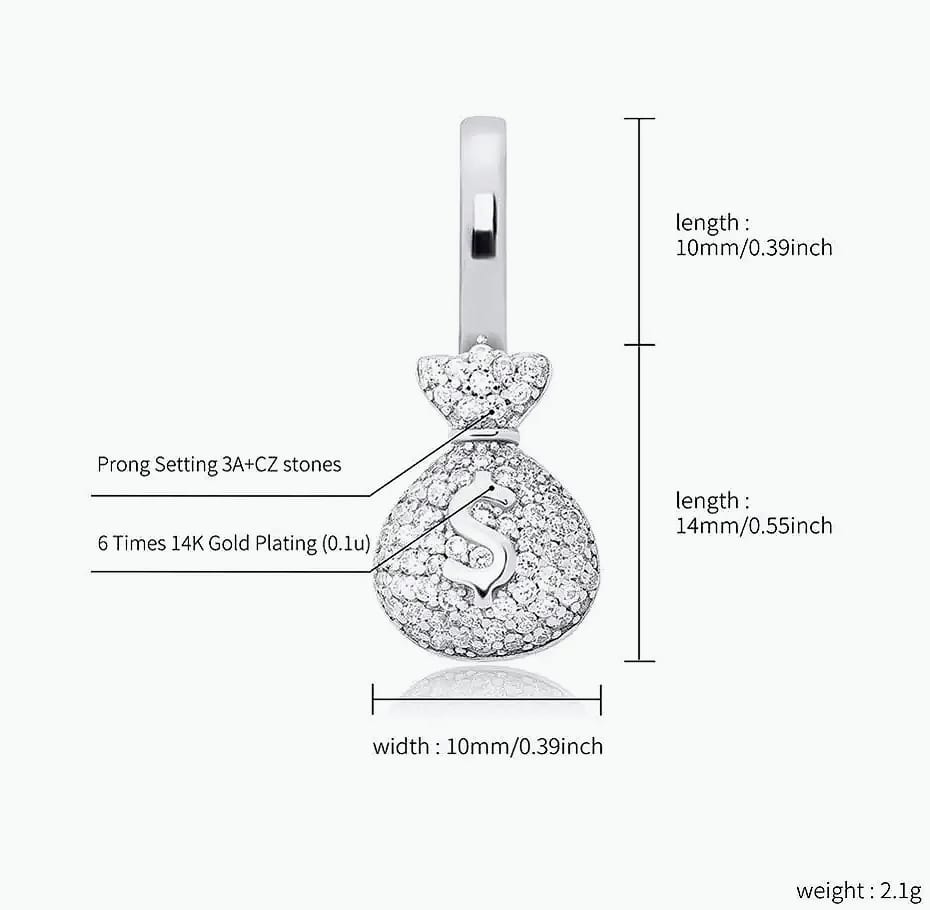 TOPGRILLZ 925 Sterling Silver Money Bag Pendant Box Chain