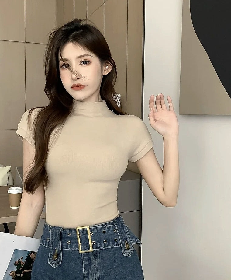 Basic Crop Top Short Sleeve Crewneck T-shirt for Women