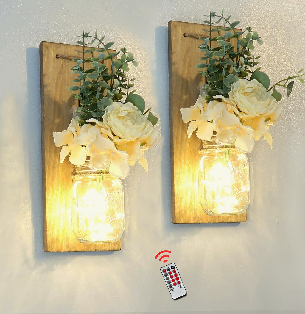 Besuerte Rustic Wooden Wall Sconce with LED String Lights, Set of 2