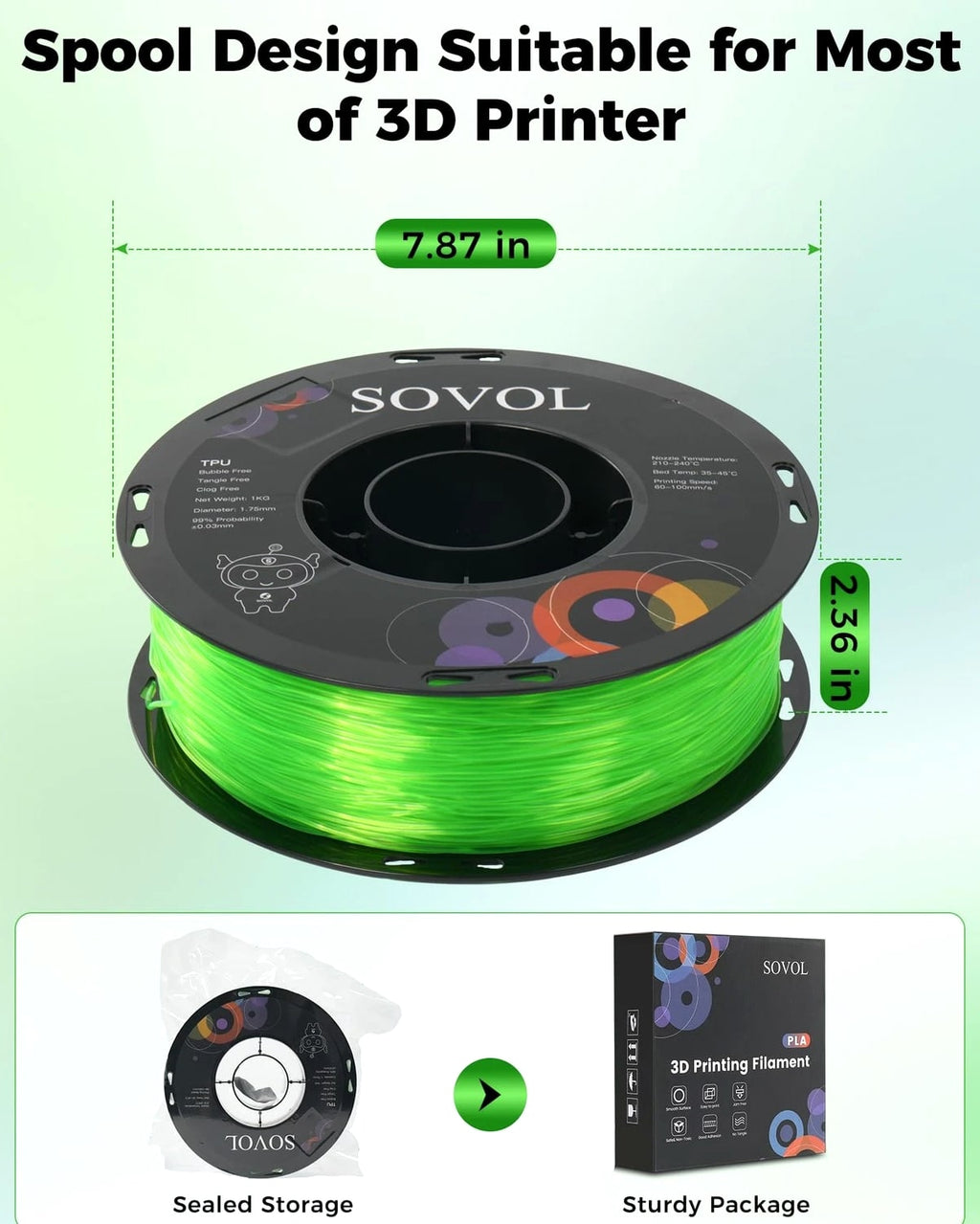 Sovol TPU Filament 1.75mm 95A Soft Flexible 3D Printer - 1 KG Clear Green