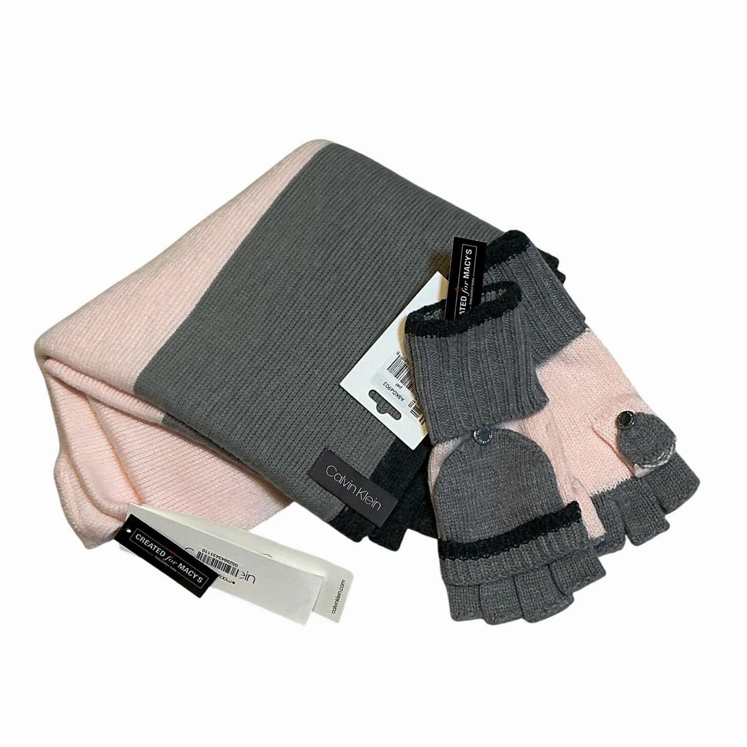 Calvin Klein Pink/Grey Flip-Top Glove Mittens and Infinity Scarf Gift Set NWT