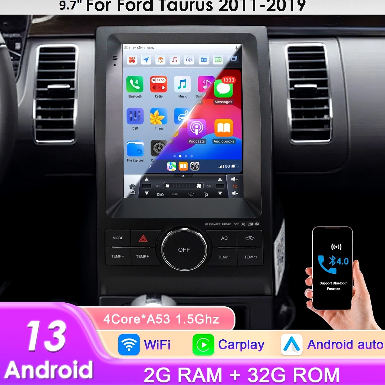for Ford Taurus 2010-2018 Touch Screen 9.7" GPS WiFi BT Carplay Radio Multimedia