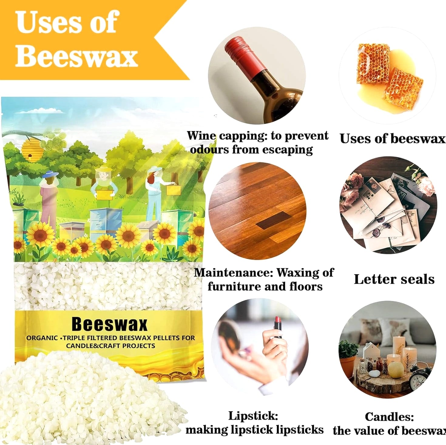 White Beeswax Pellets - 428G Beeswax Pastilles Bulk Bees Wax Triple Filtered